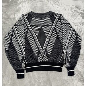 Vintage 90s RAF Knit Pullover Sweater Mens Small Black Leather Geometric Grandpa